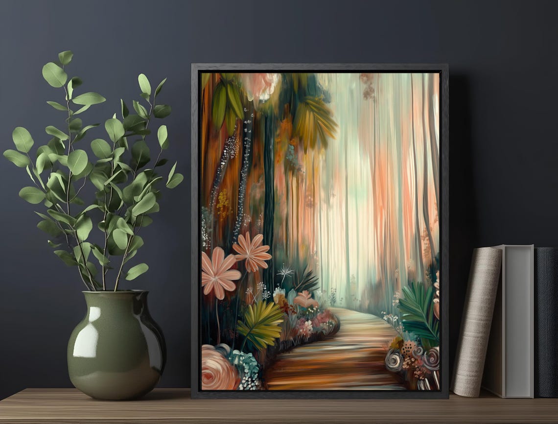 Tropical Forest Path Peach Flowers Misty Watercolor Landscape Poster - Image 5