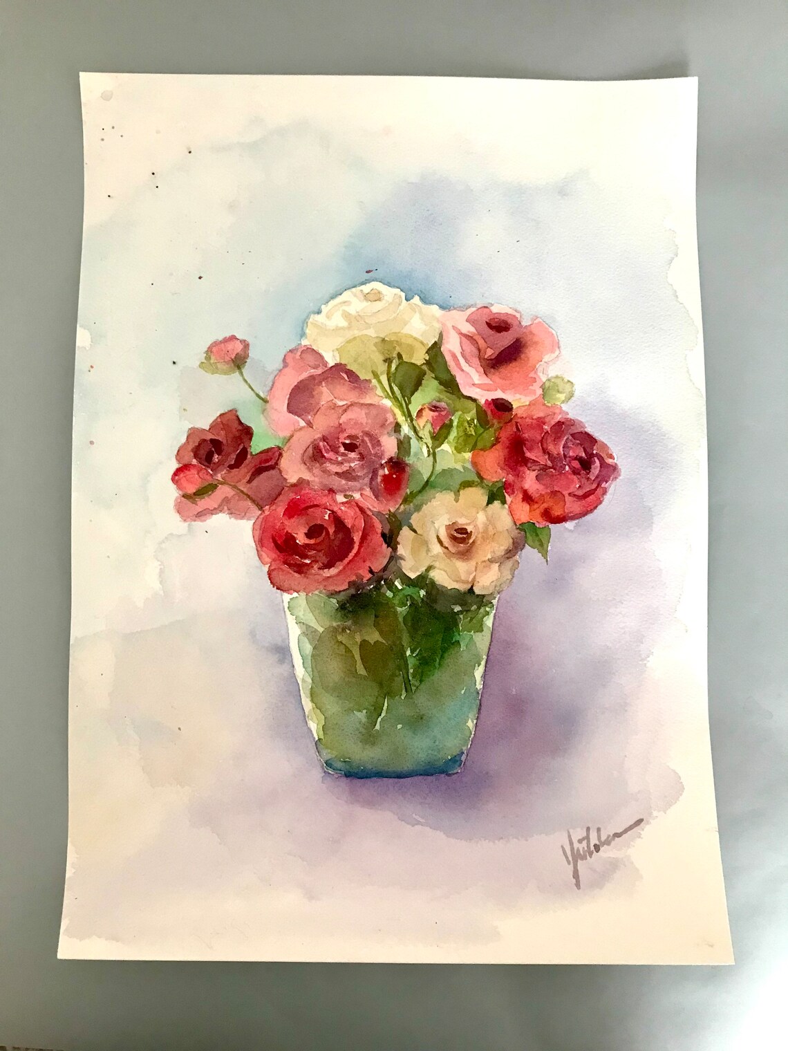 Bouquet of Pink and Cream Roses in a Green Vase Watercolor Poster - Image 4