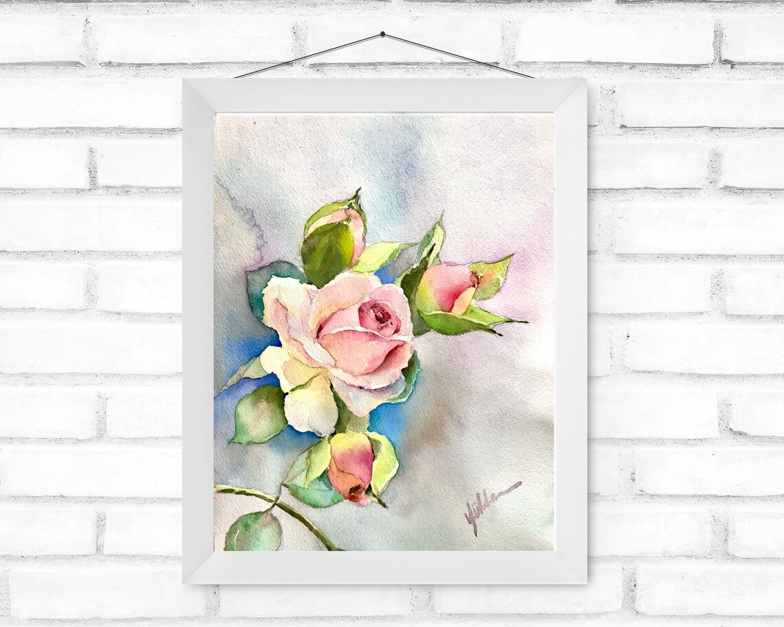 Blush Pink Rose with Buds in a Delicate Floral Watercolor Poster - Image 2