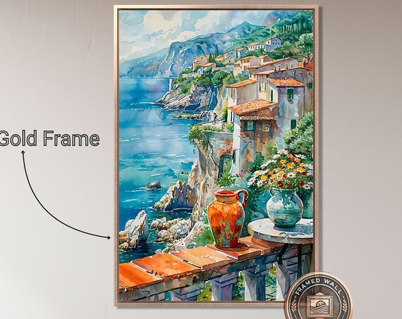 Balcony Coastal Village Cliffside Sea View Mediterranean Terrace Art Poster
