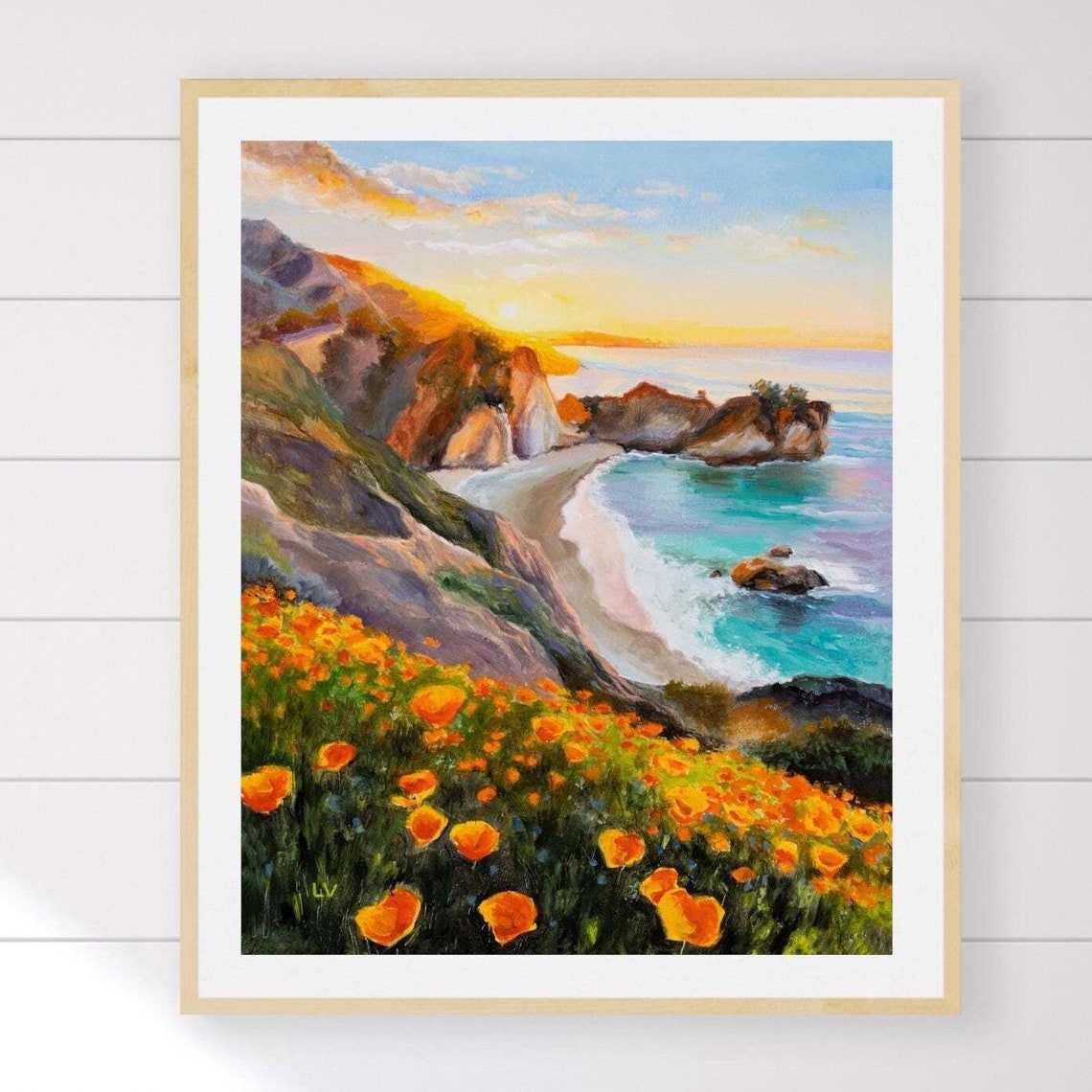 Big Sur Sunset Coast with Wild Poppies Oil Painting Beach Poster