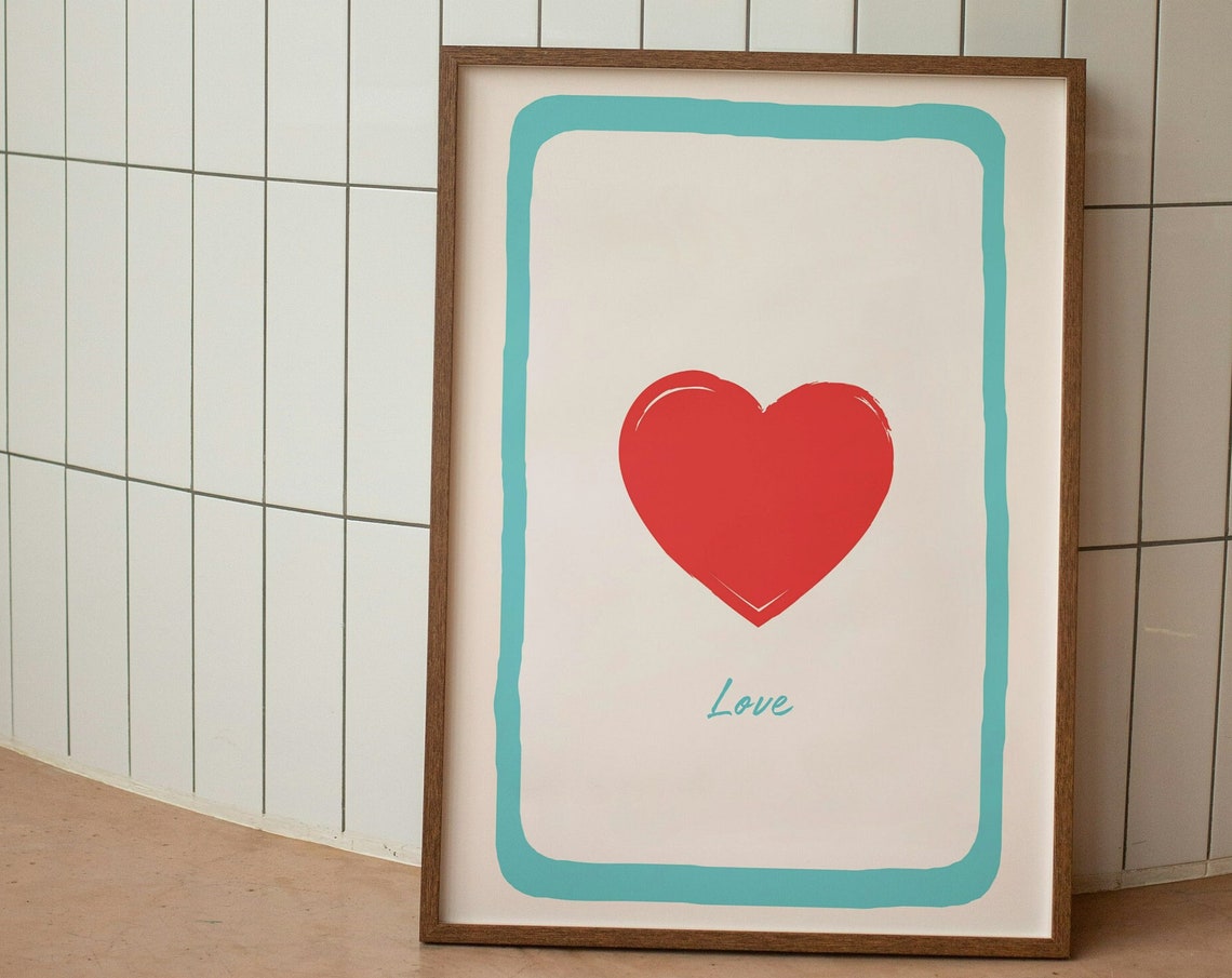 Red Heart Minimal Love Script Teal Frame Modern Romantic Wall Art