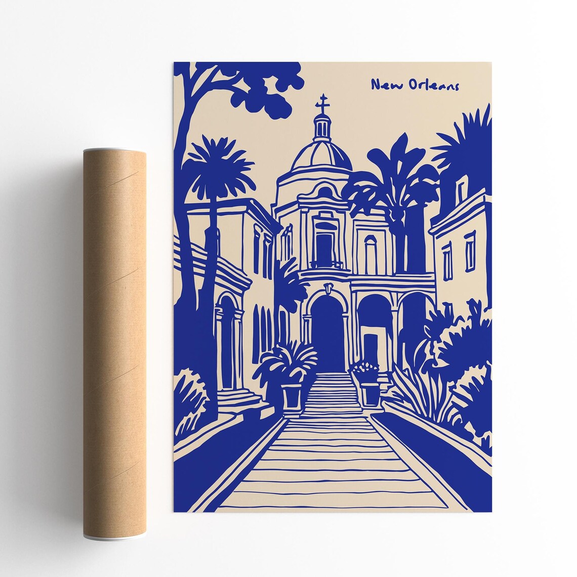 New Orleans Blue Ink Historic Church Palm Tree Travel Poster