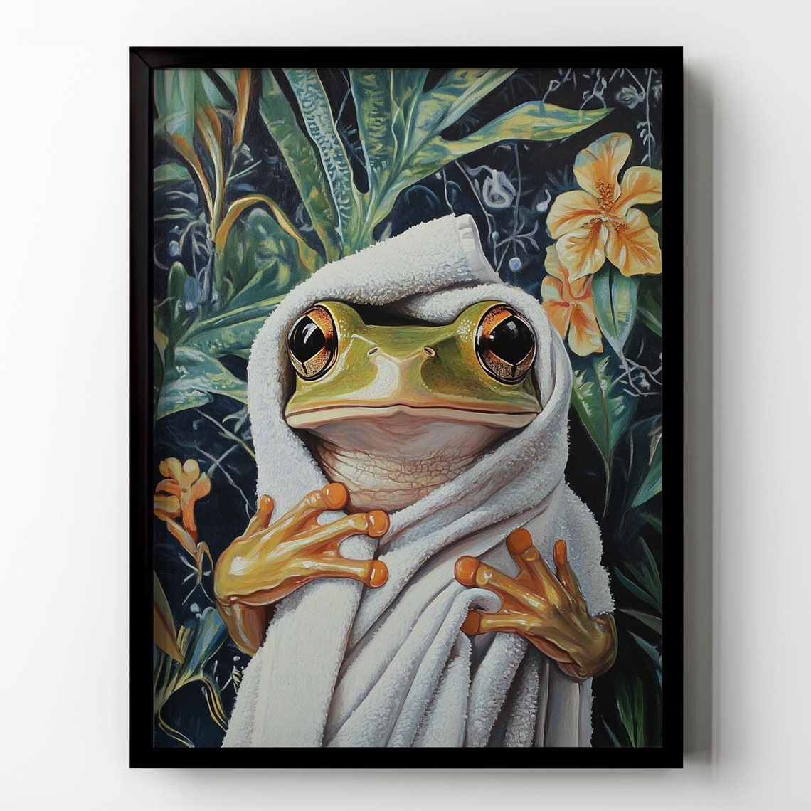 Frog Bathroom Wall Decor Funny Frog Bathtub Towel Wall Art Tropical Plants Botanical Bathroom Toilet Restroom