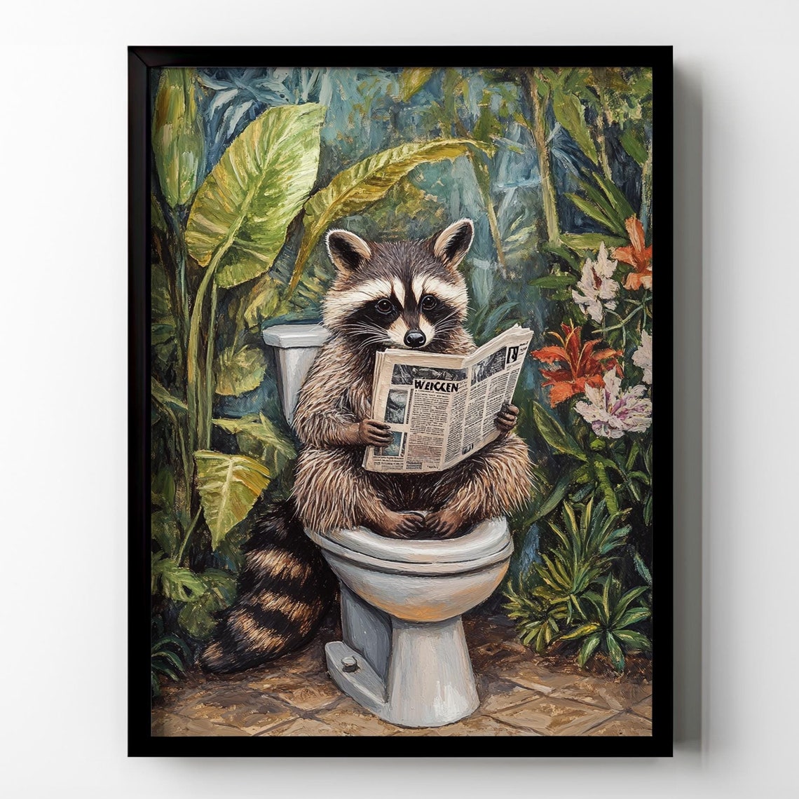 Funny Raccoon Reading Newspaper on a Toilet Tropical Bathroom Poster