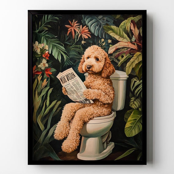 Goldendoodle Toilet Print Funny Dog Bathroom Wall Art Green Plants Labradoodle Botanical Doodle Mom Gifts Restroom Wall Decor Framed Poster