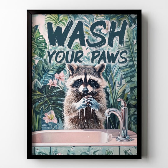 Wash Your Paws Raccoon Bathroom Poster Print Funny Wall Decor Vintage Houseplants Botanical Restroom Toilet Wall Art Sign Matte Poster