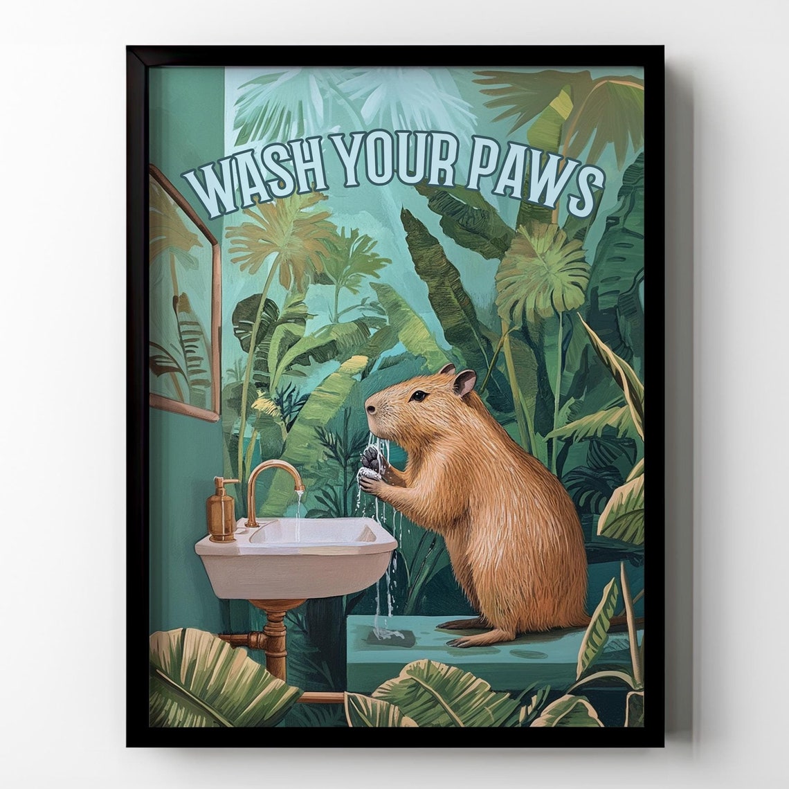 Capybara Wash Your Paws Cute Animal Bath Funny Bathroom Wall Art