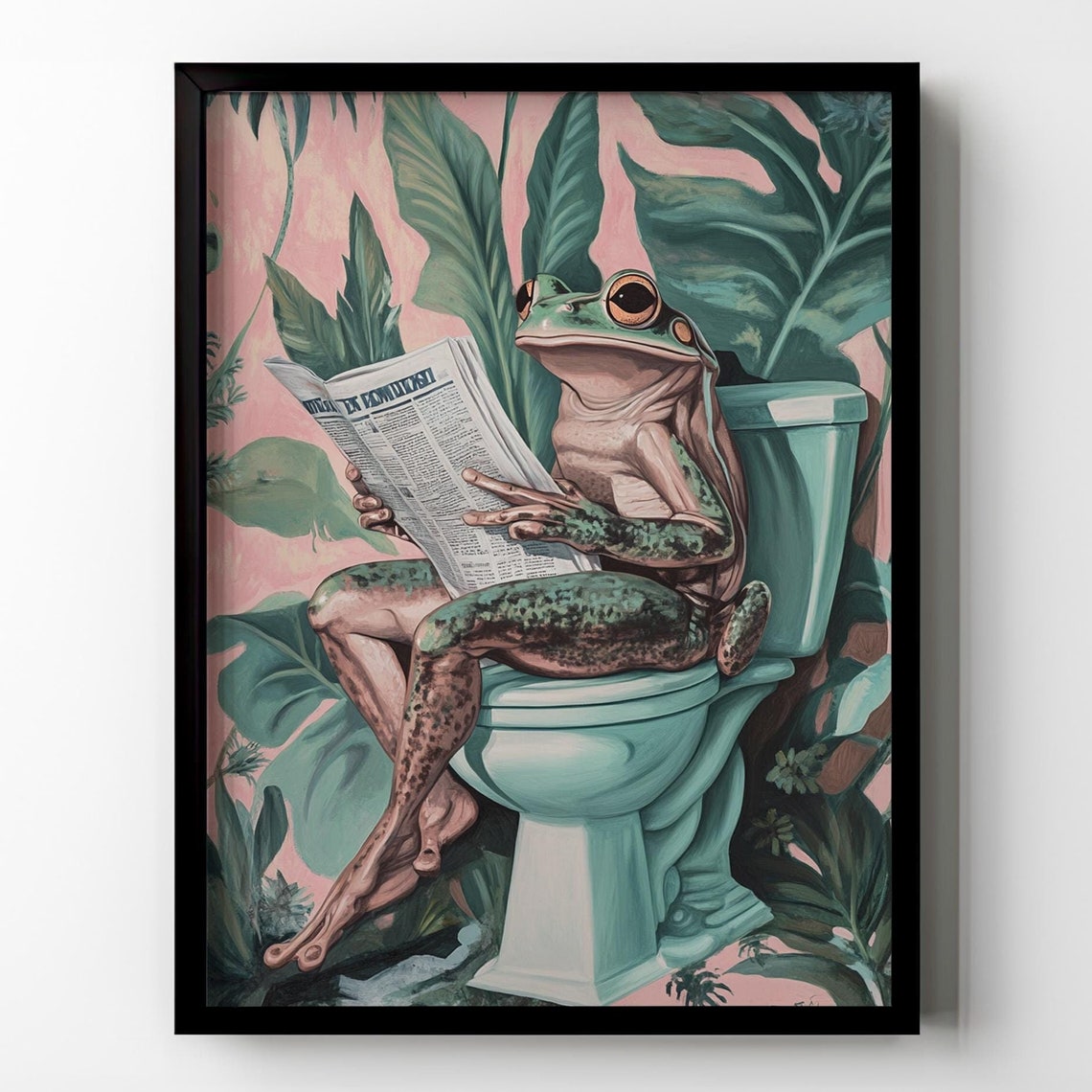 Comical Frog Reading Newspaper on Turquoise Toilet Pink Leaf Poster