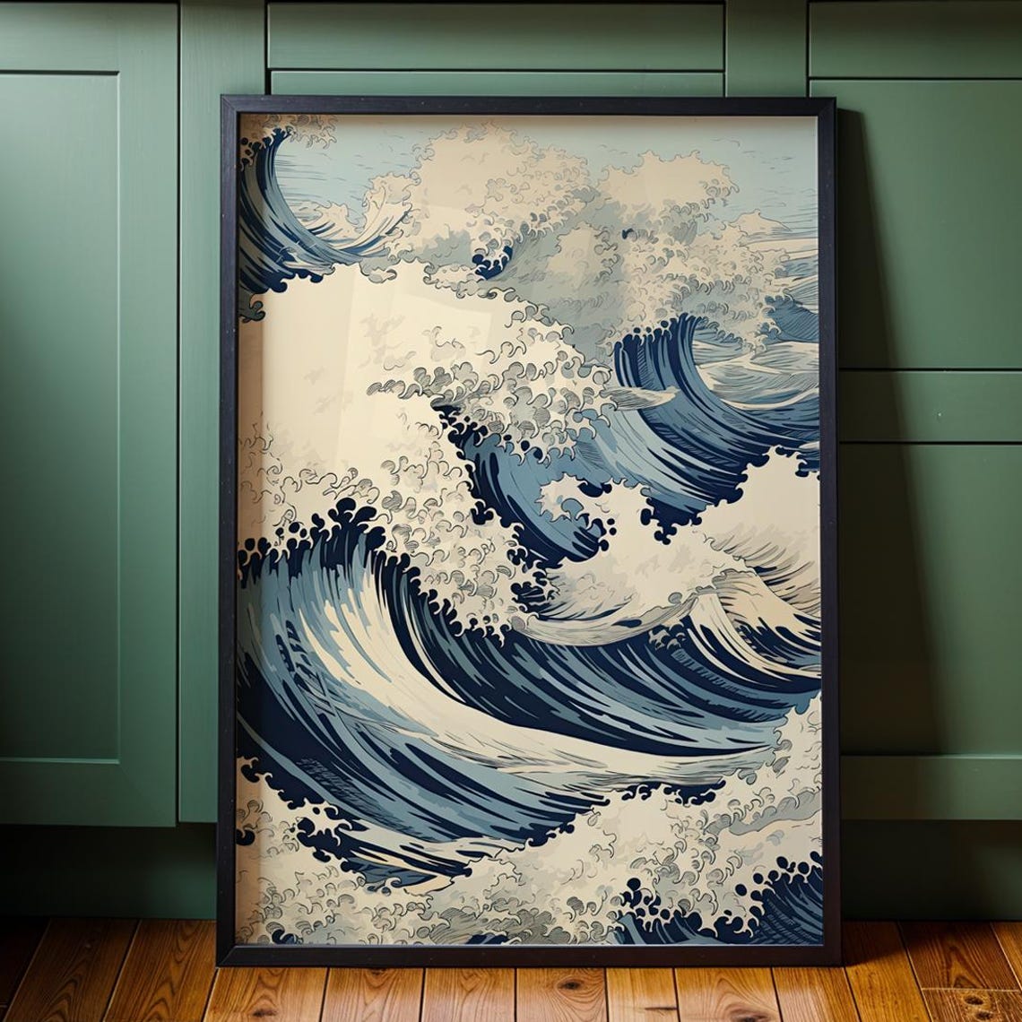 Bold Blue Japanese Wave Woodblock Style Ocean Surf Art Poster