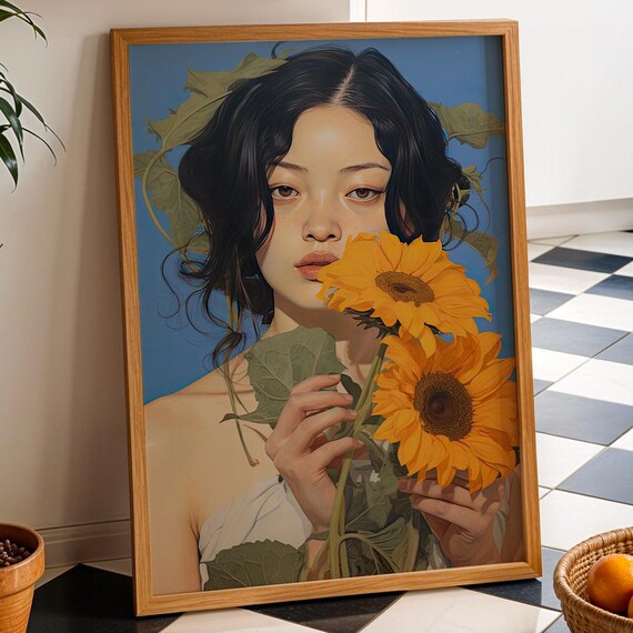 Floral Portrait Wall Poster Woman With Sunflowers Art Print Illustration Bold Summer Botanical Drawing File
