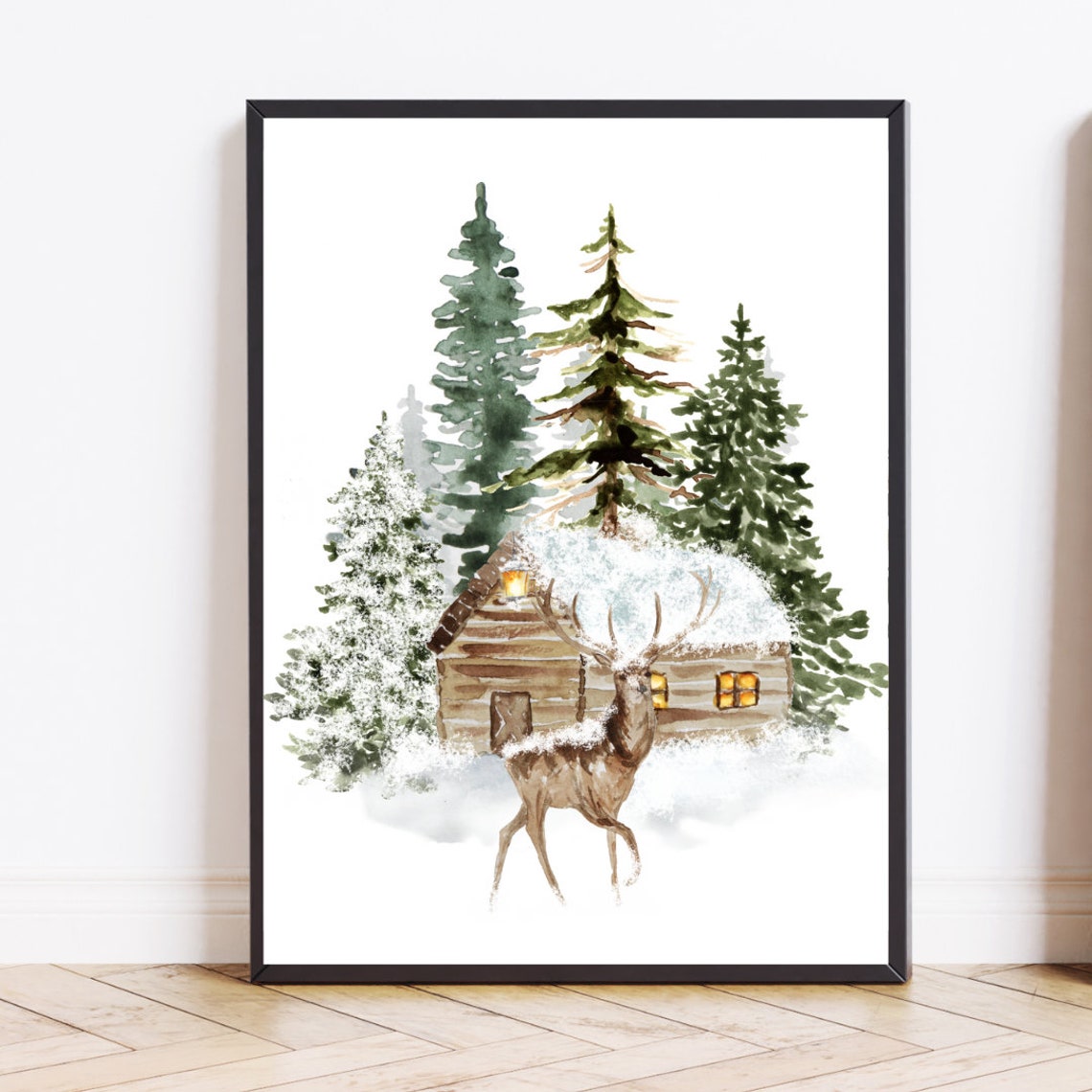 Winter Deer Before Snowy Log Cabin Glowing Windows Watercolor Poster