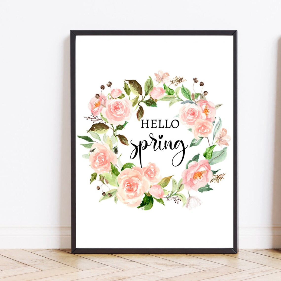 Hello Spring Pink Rose Wreath Watercolor Floral Home Art Poster - Image 2