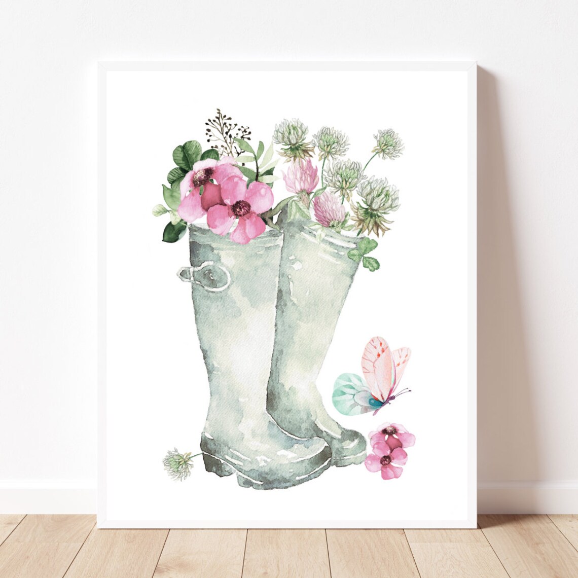 Watercolor Rain Boots Spring Flowers Butterfly Garden Poster