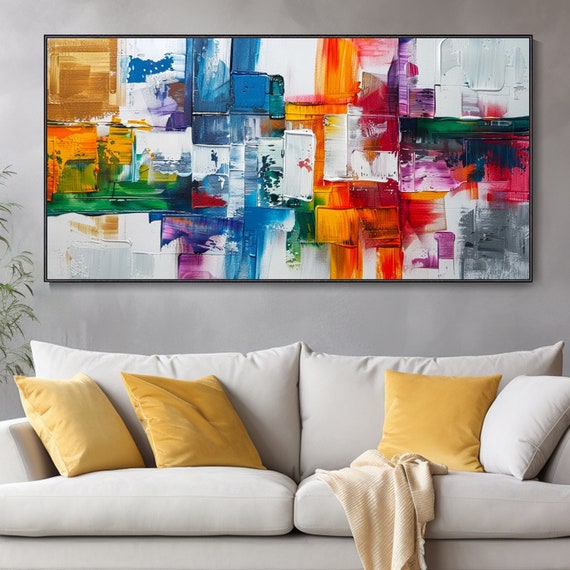 Abstract Creative Artwork Colorful Geometric Shapes Thick Texture Knife Painting Blue Red Yellow Green Tones Modern Decorative Hand Oil Art