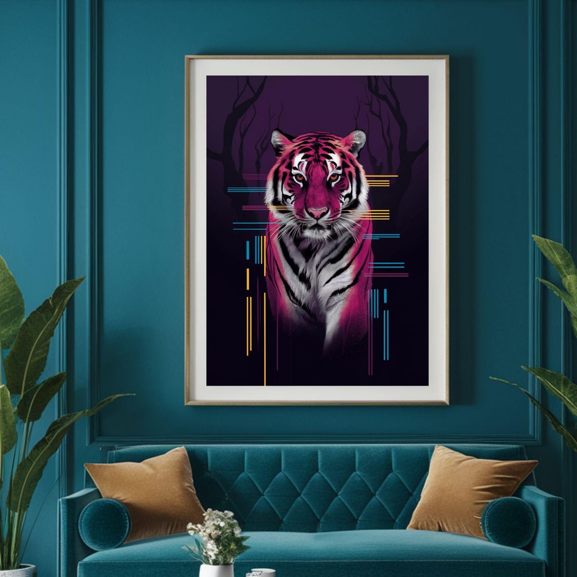 Neon Pink Tiger Dark Purple Forest Geometric Abstract Art Poster - Image 5