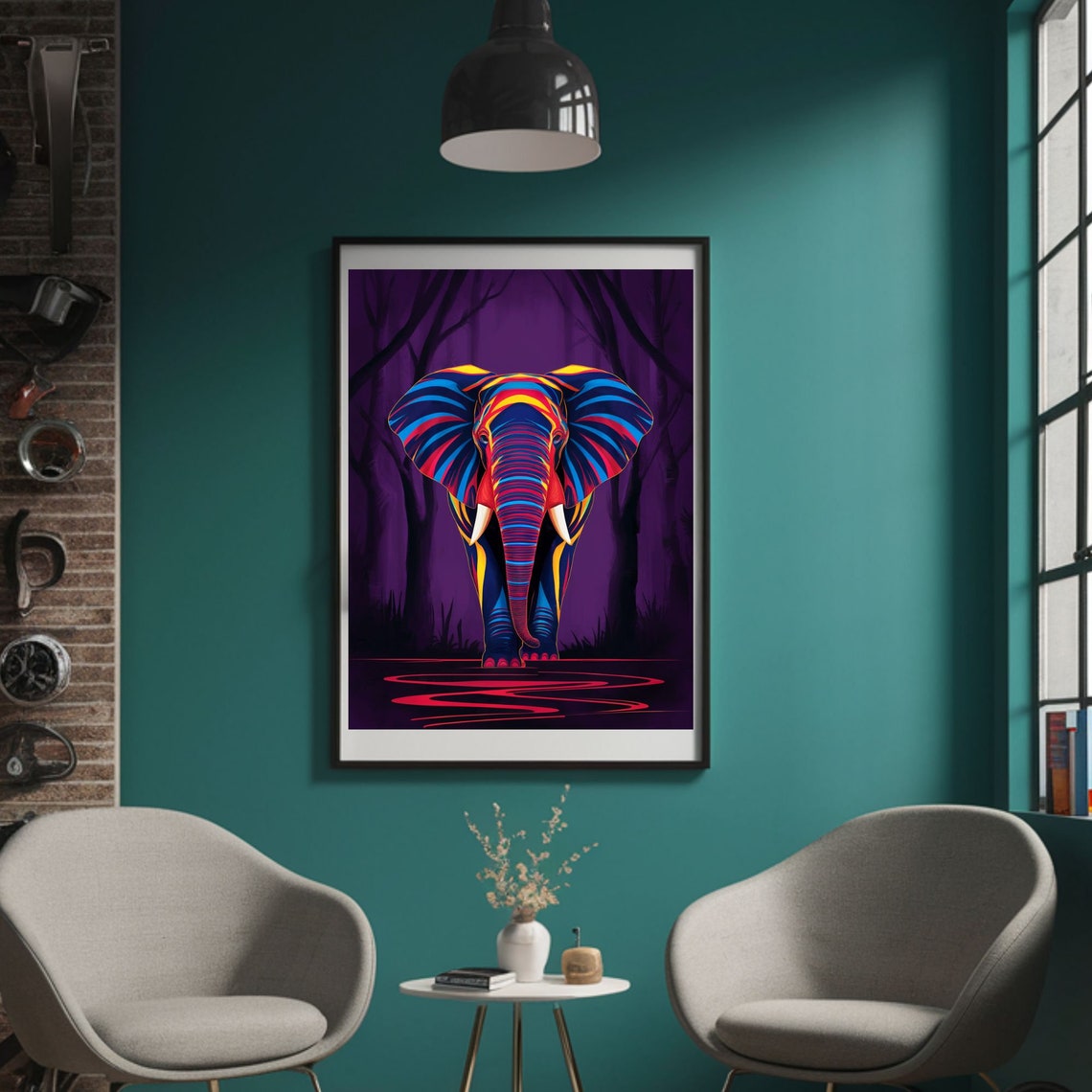 Neon Colorful Elephant Purple Night Jungle Abstract Art Poster - Image 3