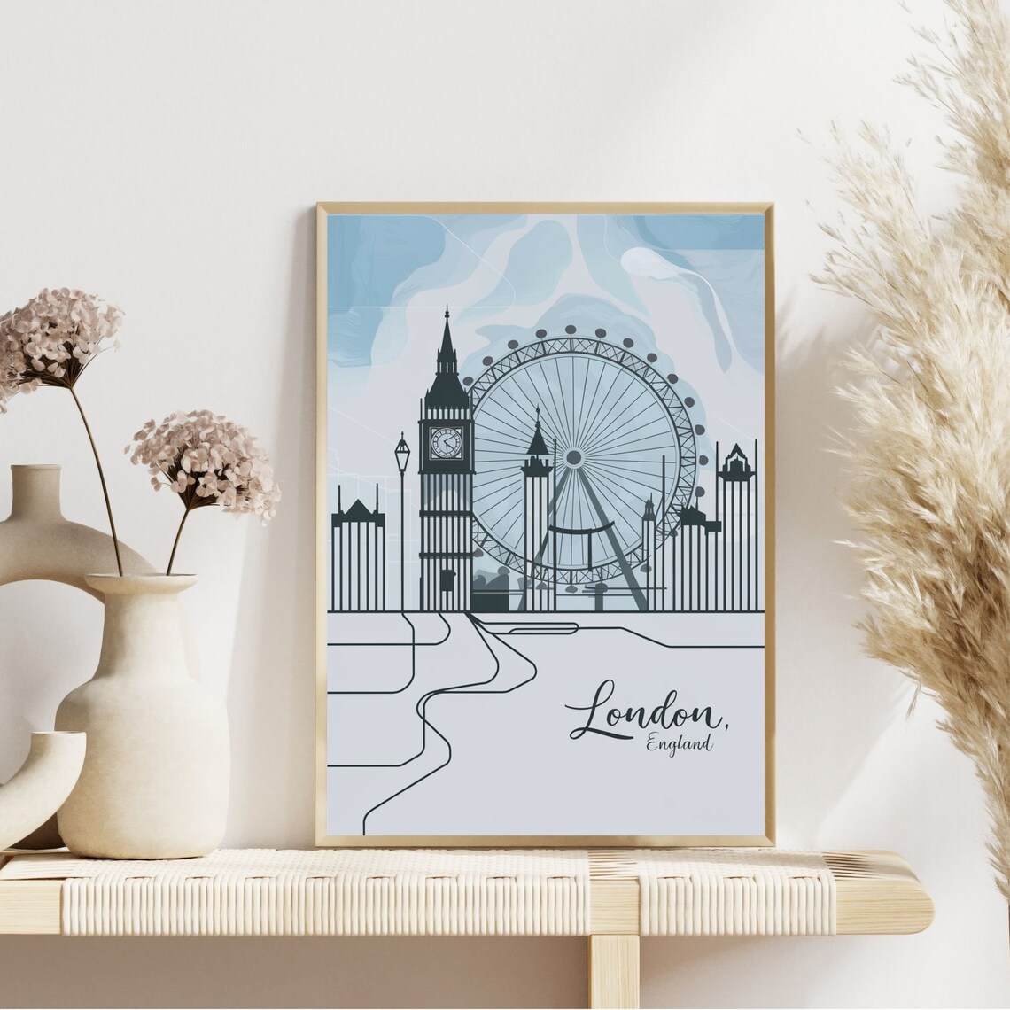 London England Big Ben London Eye Soft Blue Pastel Skyline Poster - Image 5