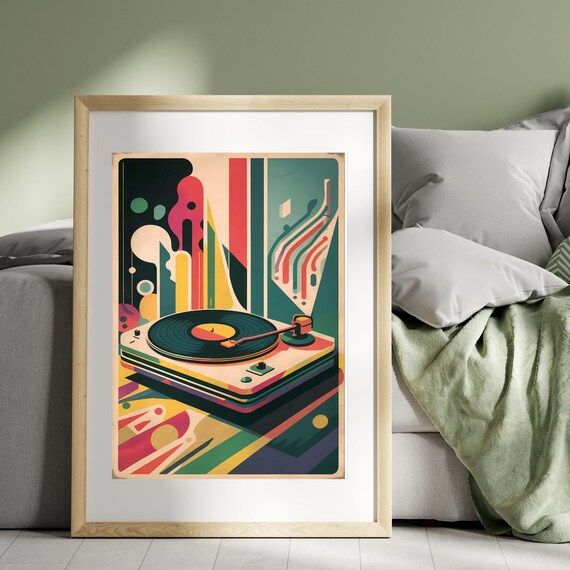 Retro Vinyl Record Turntable Pop Art Colorful Geometric Music Poster