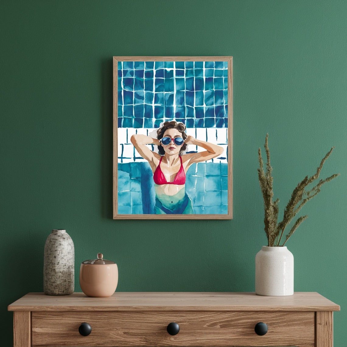 Woman In Red Bikini Sunglasses Blue Tile Pool Watercolor Poster - Image 3