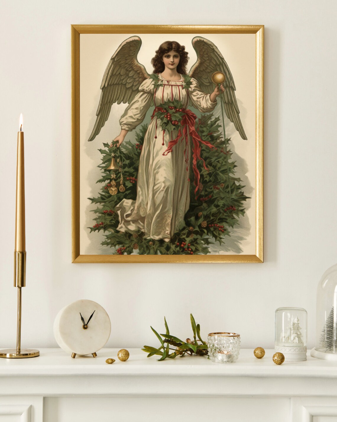 Vintage Christmas Angel Illustration Holly Wreath Red Sash Art Print - Image 3