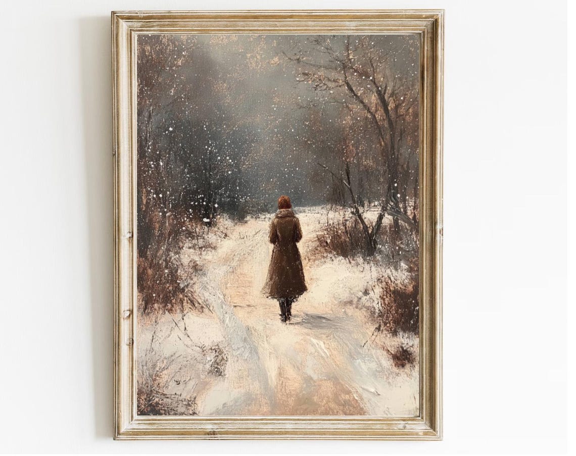Antique Winter Oil Painting A Walk In The Snow Impressionistic Vintage Landscape Farmhouse Print Winter Walk Moody Winter Painting