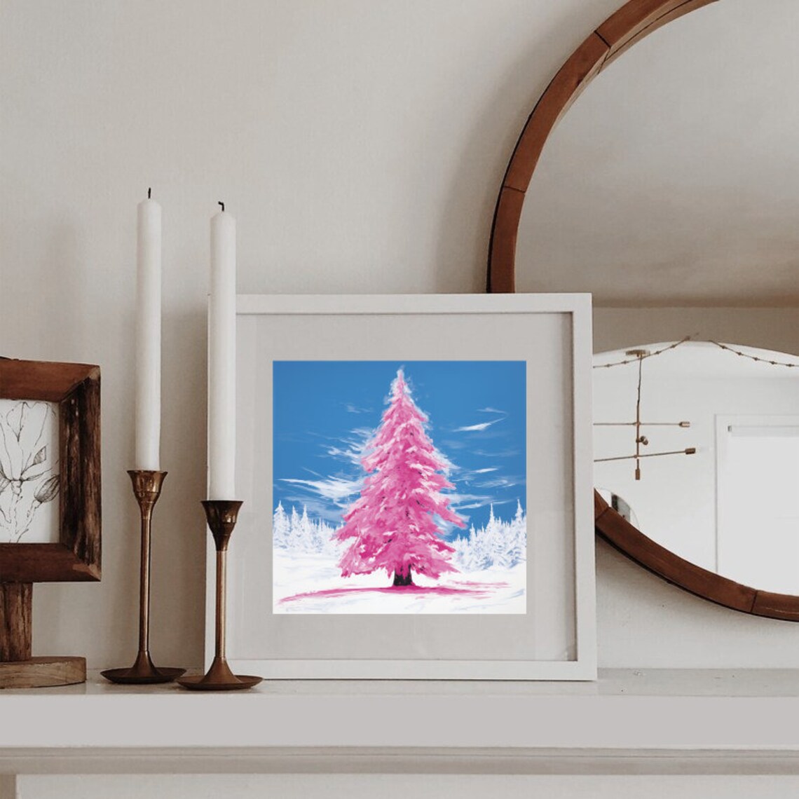 Pink Christmas Tree Pop Art Winter Snow Scene Colorful Poster - Image 3
