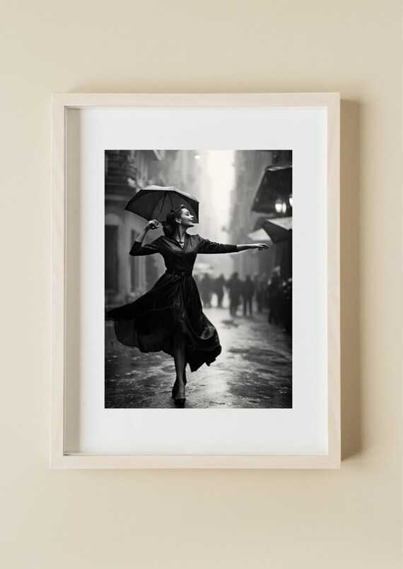 Vintage Dancing In The Rain Woman With Umbrella Street Scene Poster