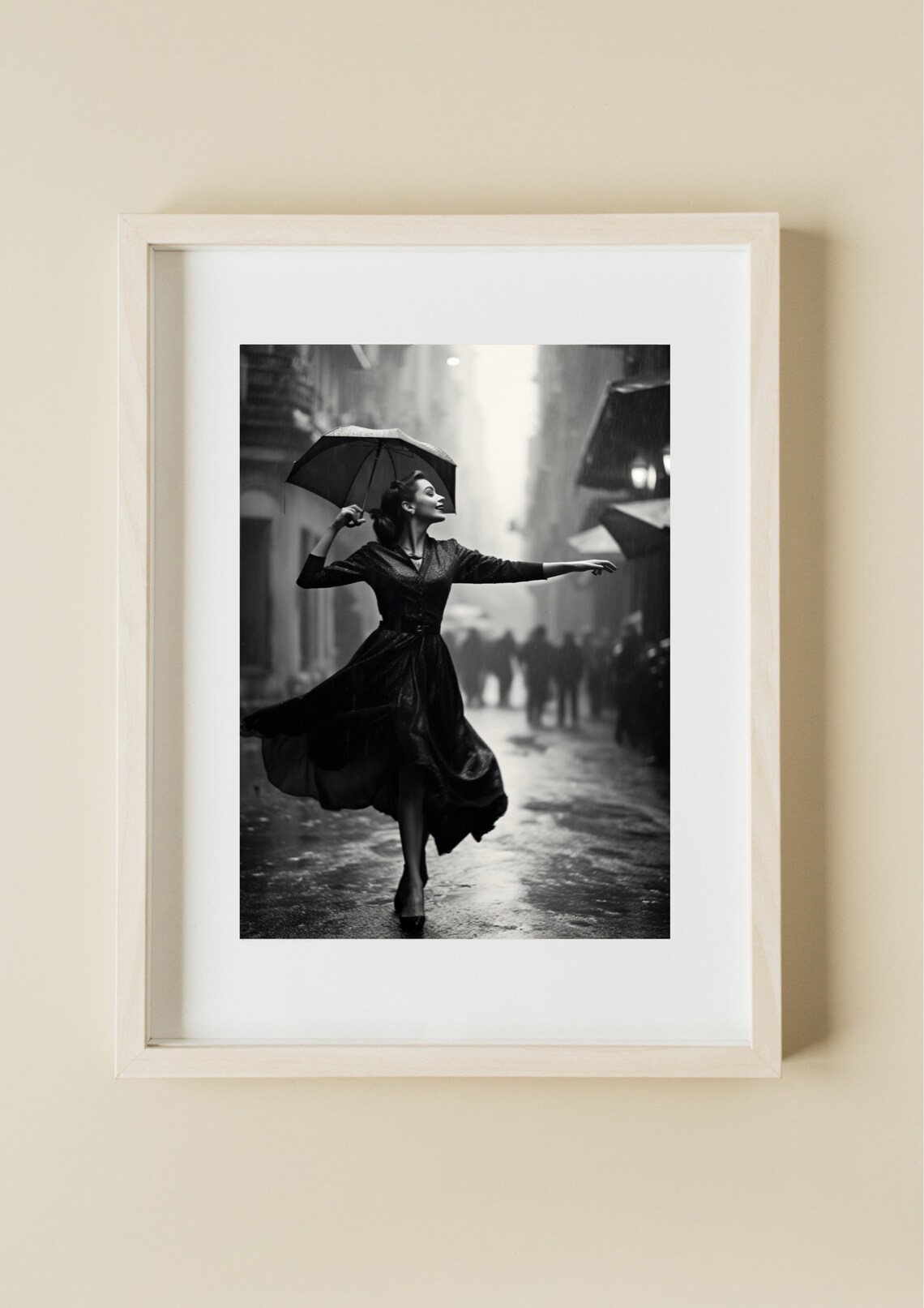 Vintage Dancing In The Rain Woman With Umbrella Street Scene Poster