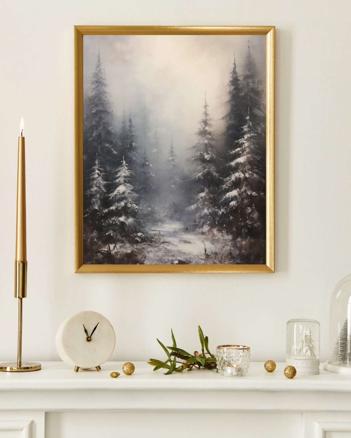 Misty Dark Evergreen Forest Winter Fog Moody Painting Poster - Image 4
