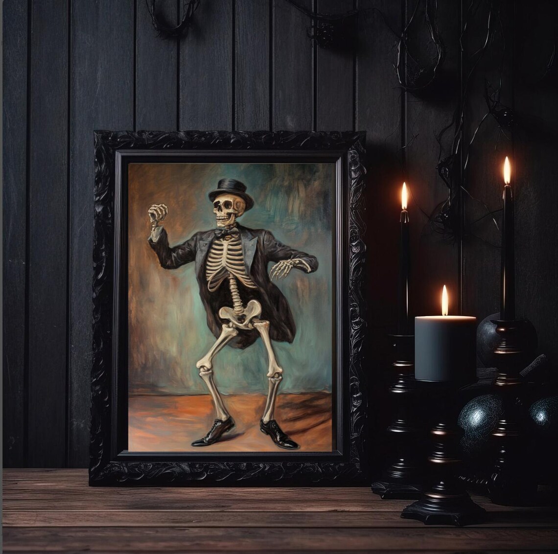 Dancing Skeleton Groom Top Hat Tuxedo Vintage Halloween Painting Poster - Image 3