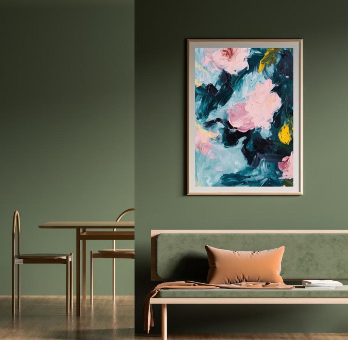 Abstract Floral Oil Painting Pink Teal Bold Brushwork Art Poster - Image 3