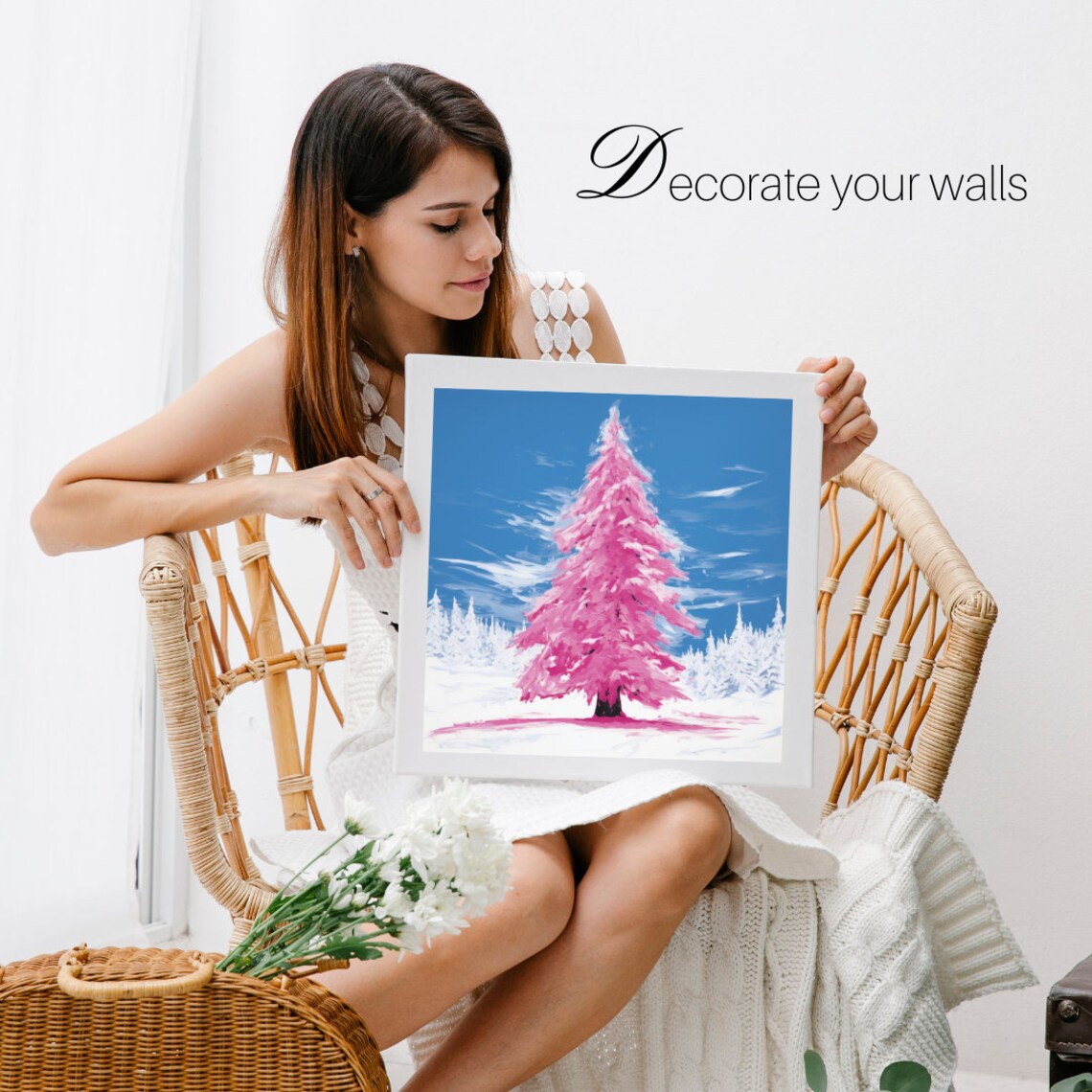 Pink Christmas Tree Pop Art Winter Snow Scene Colorful Poster - Image 4