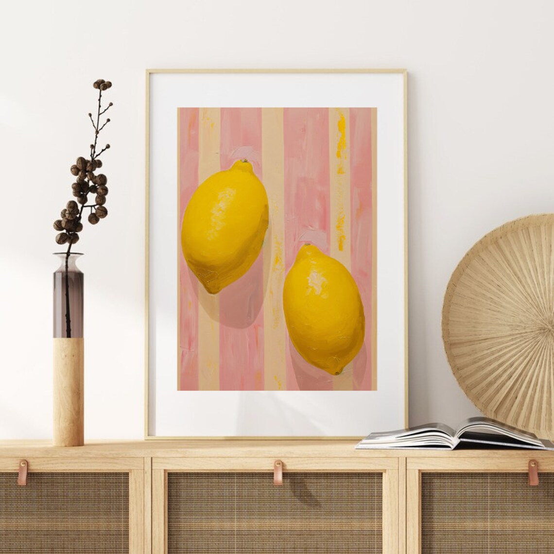 Lemons Art Print Lemons On Pink Stripes Modern Wall Art Kitchen Wall Decor Cute Lemon Print Summer Wallart Amalfi - Image 2