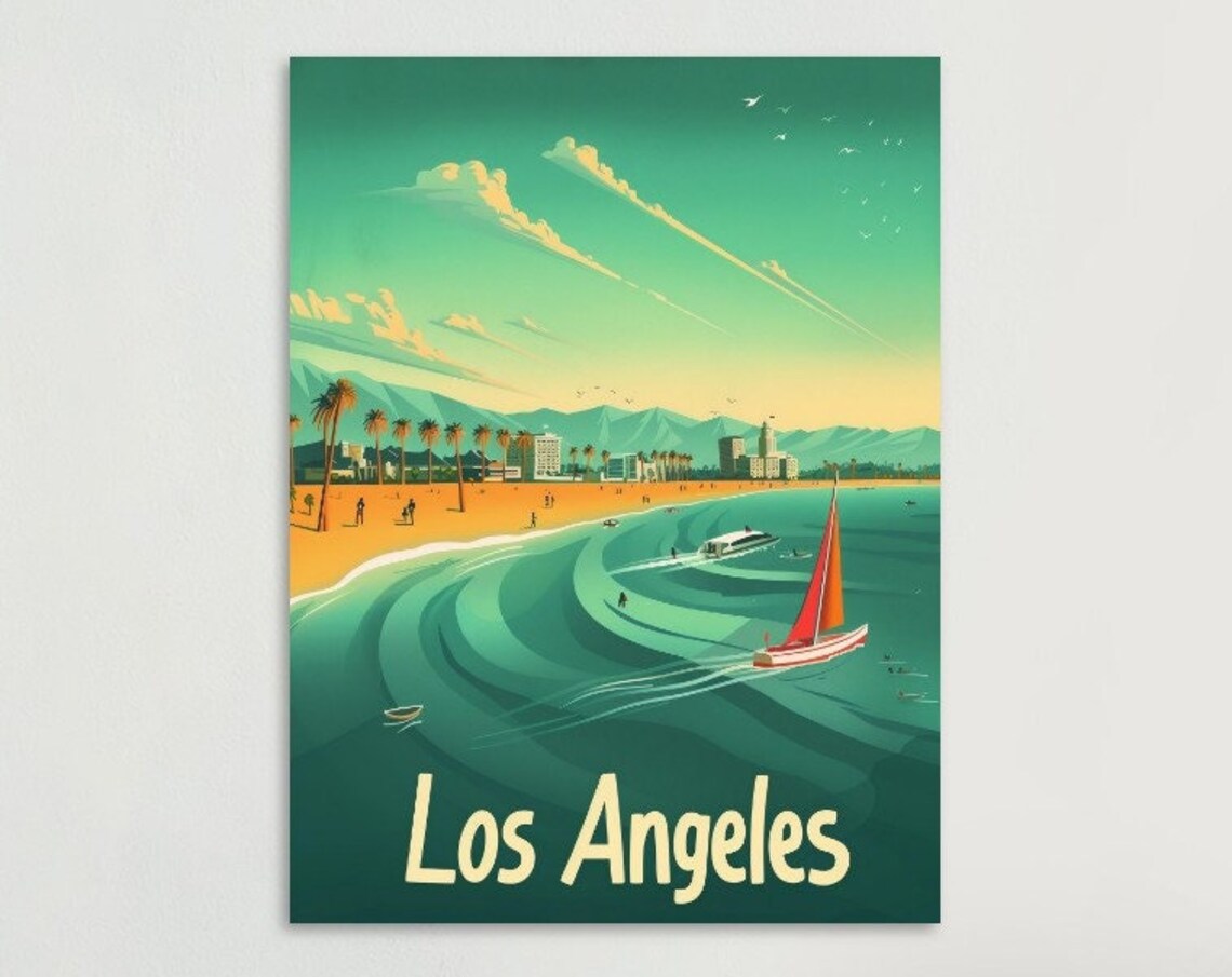 Los Angeles Beach Palms Sailboat Retro California Travel Poster
