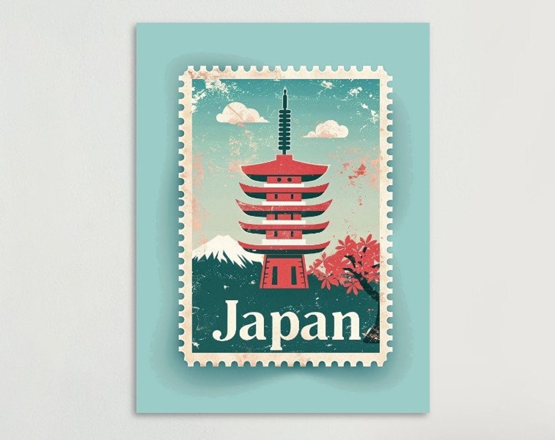 Japan Pagoda Mount Fuji Maple Vintage Stamp Style Travel Poster