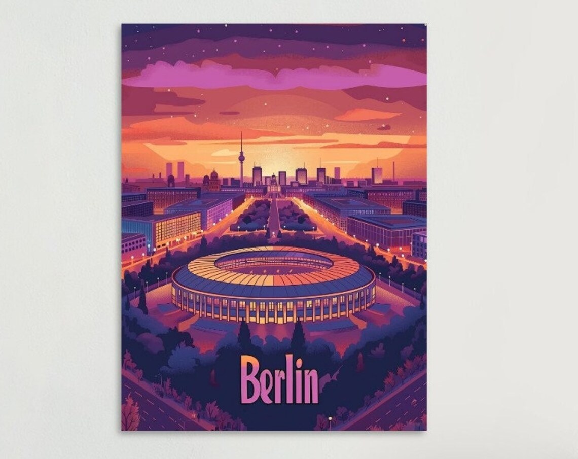 Berlin Olympic Stadium Glowing Sunset Skyline Vintage Travel Poster