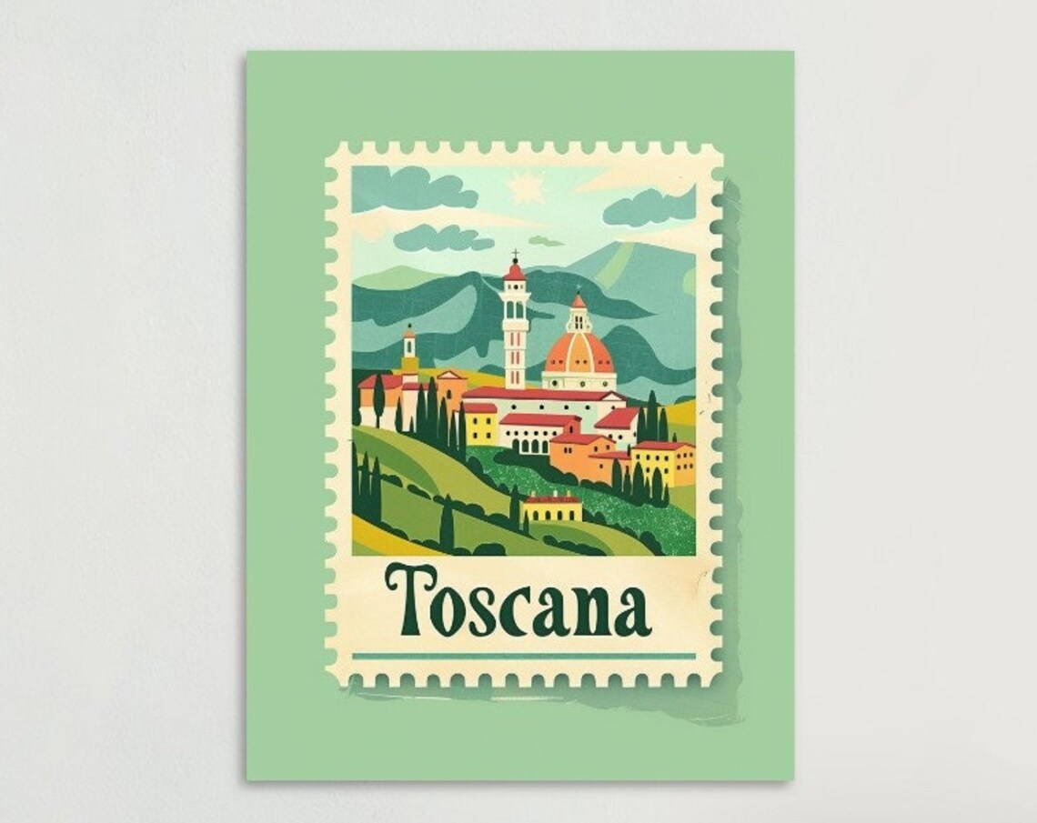 Tuscany Hill Town Cypress Trees Vintage Stamp Toscana Travel Poster