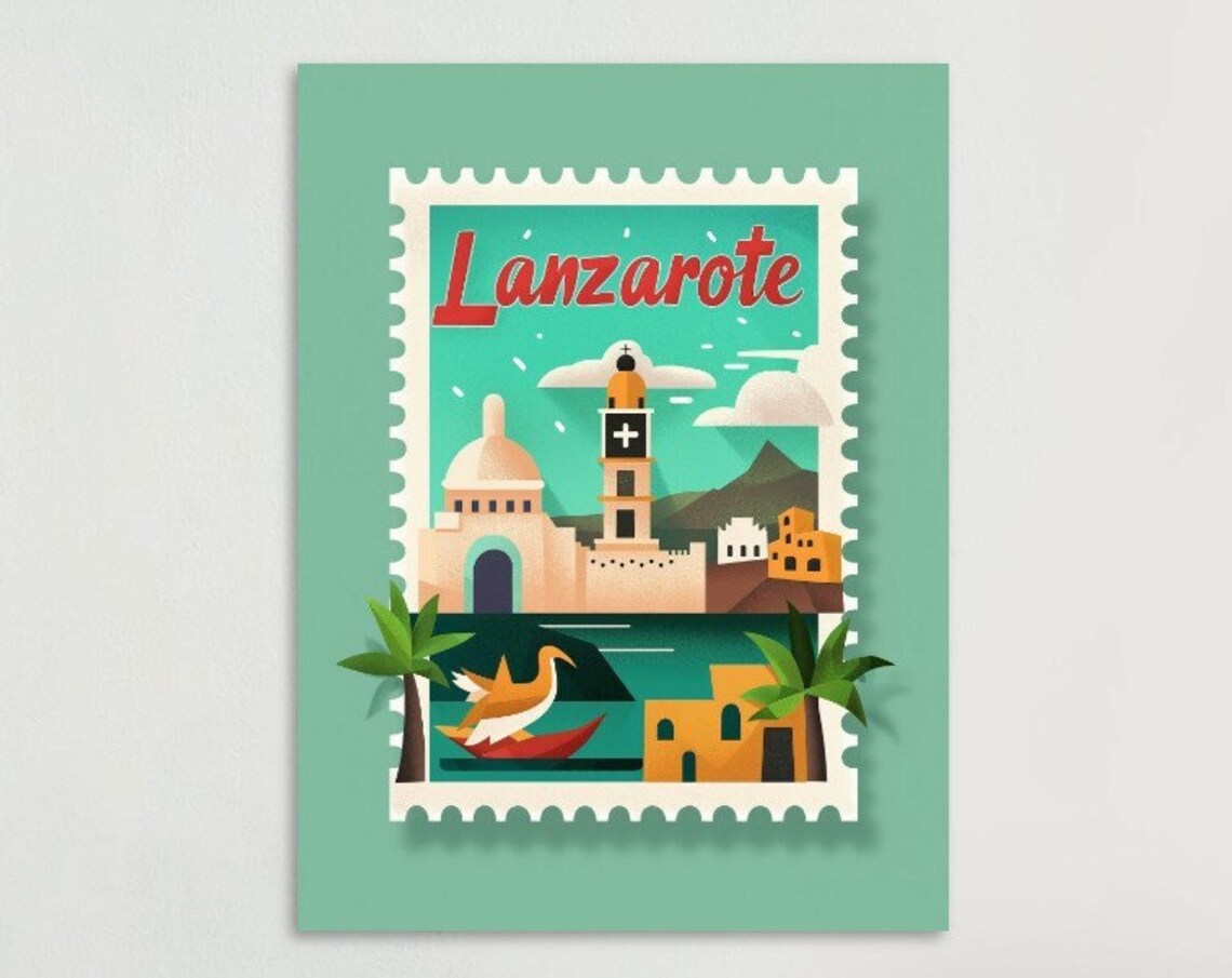 Lanzarote White Church Volcanic Hills Stamp Style Travel Poster
