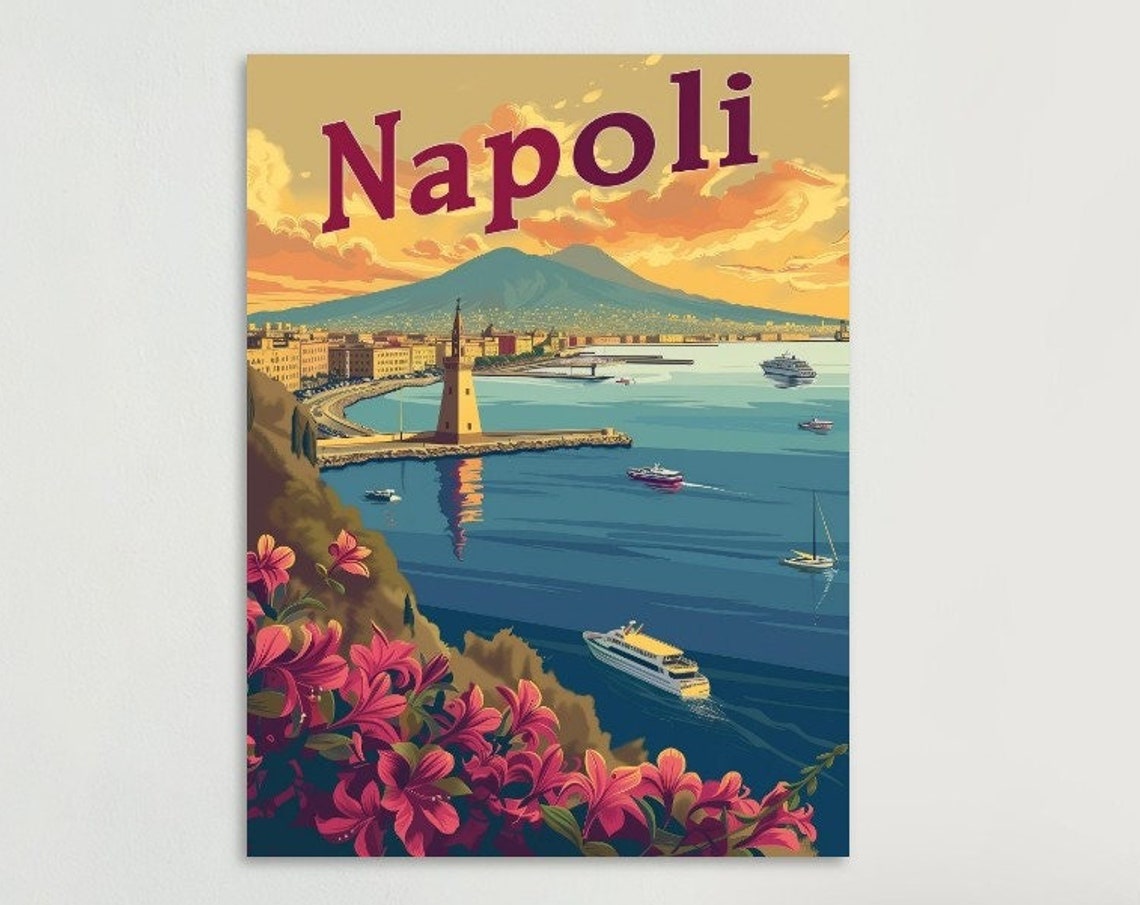 Napoli Bay Vesuvius Lighthouse Vintage Italian Coast Poster Art