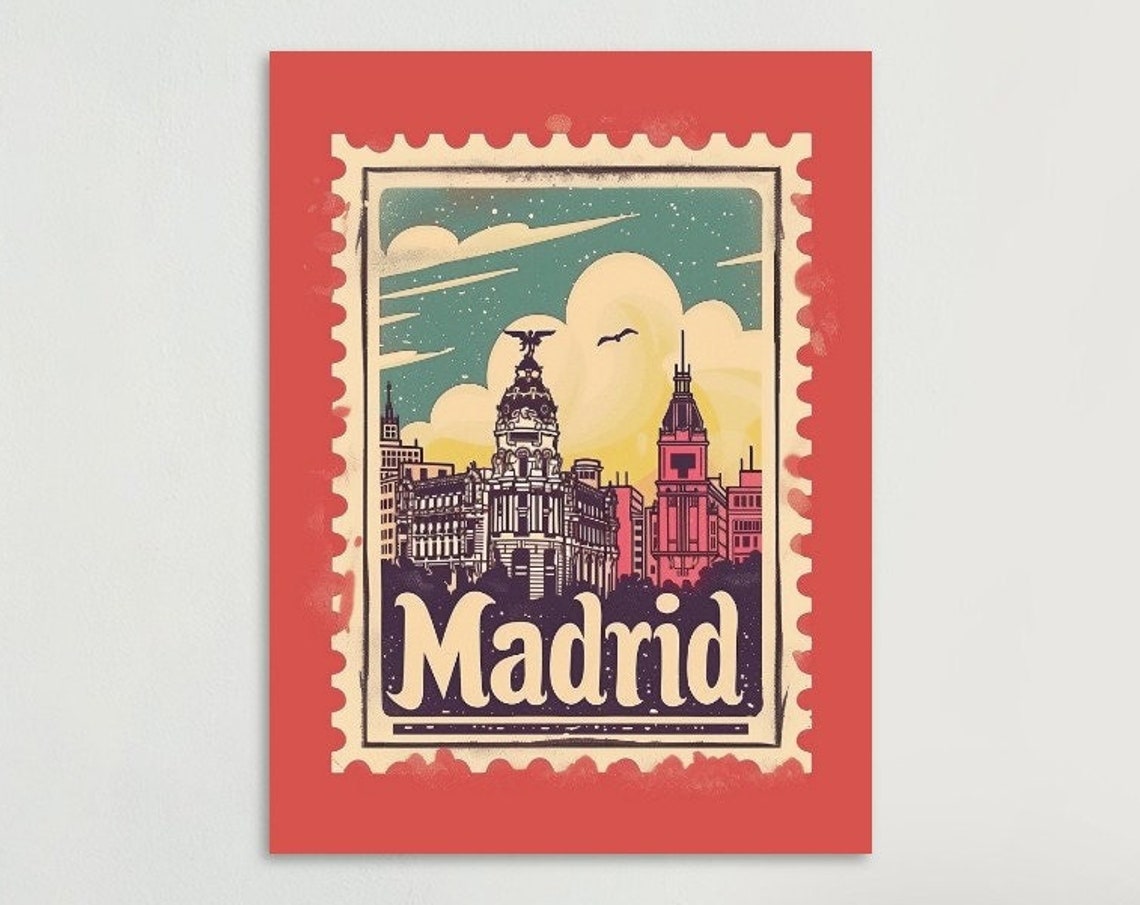 Madrid Spain Historic Landmark Evening Retro Stamp Travel Poster