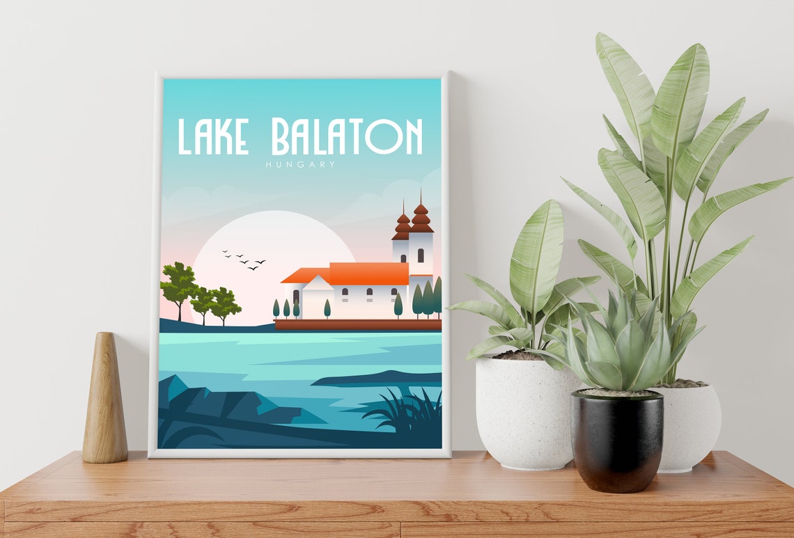 Lake Balaton Hungary Abbey Lakeshore Sunset Retro Travel Poster - Image 4