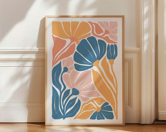 Blue Peach Orange Abstract Floral Matisse Style Botanical Wall Poster