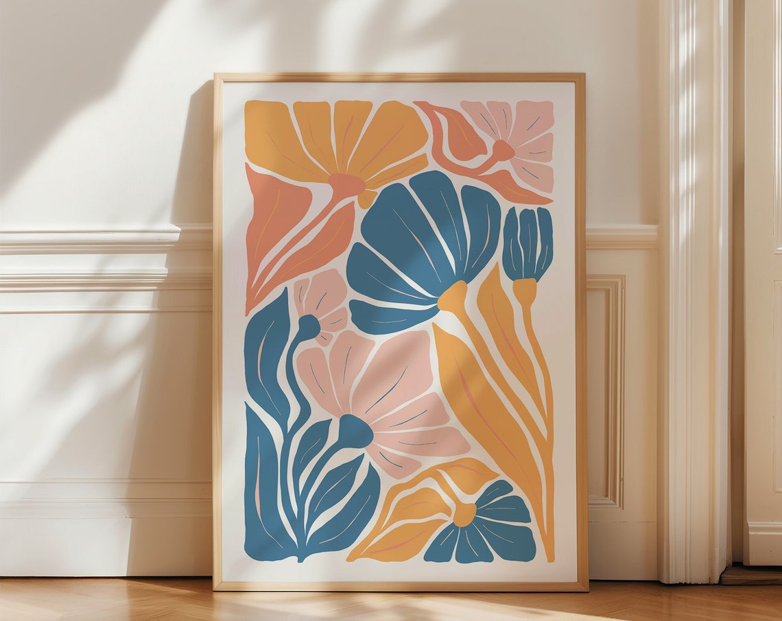 Blue Peach Orange Abstract Floral Matisse Style Botanical Wall Poster