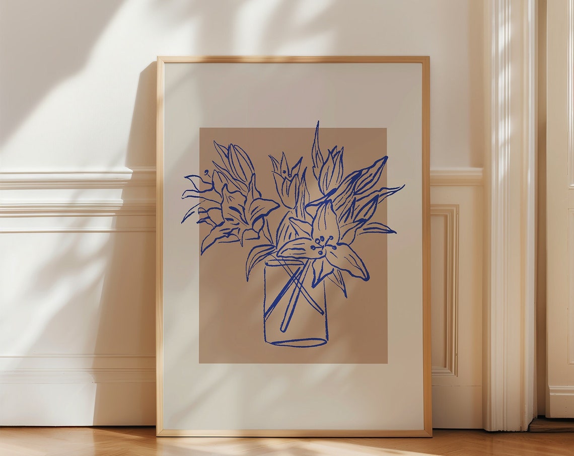 Blue Line Flower Vase Sketch Beige Botanical Minimalist Floral Poster