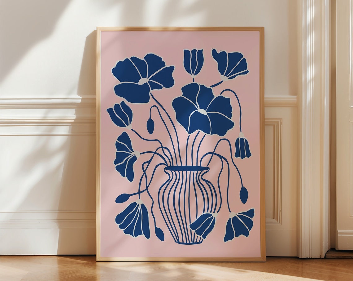 Blue Floral Vase Abstract Matisse Pink Modern Botanical Decor Poster