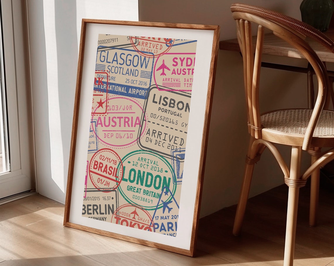 Passport Stamps Collage World Travel Cities Vintage Style Poster - Image 3