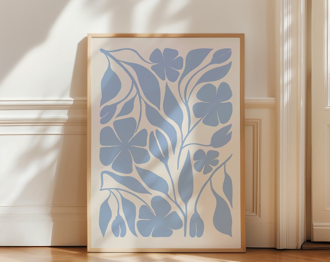 Blue Pastel Floral Leaves Botanical Abstract Minimalist Wall Art