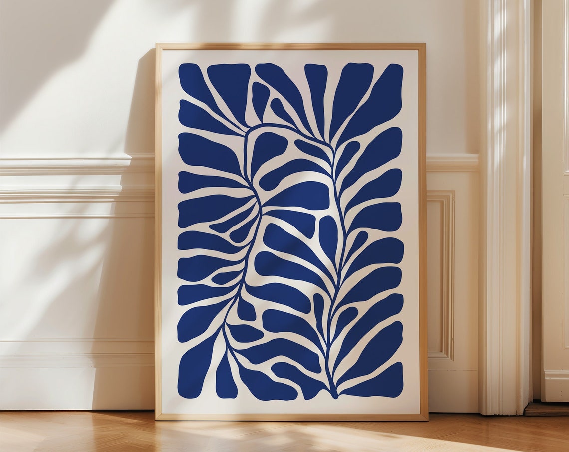 Navy Blue Leaf Cutout Pattern Matisse Style Botanical Poster