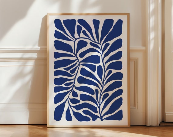 Navy Blue Abstract Floral Art Moody Botanical Organic Shapes Blue Aesthetic Floral Print Wall Art